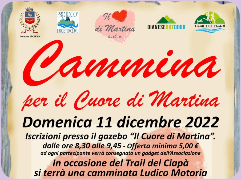 Cervo: domenica 11 dicembre la Camminata per il Cuore di Martina. Il ricavato destinato alle famiglie in difficoltà /Il programma