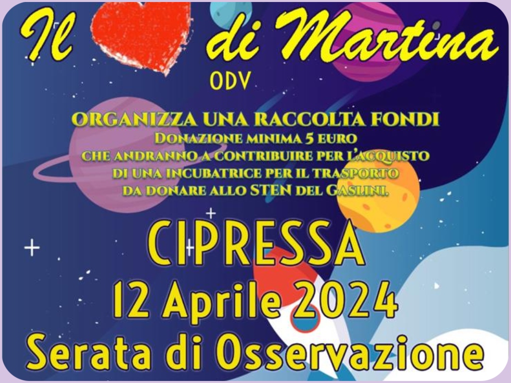 Cipressa: venerdì 12 aprile serata di osservazione astronomica per Il Cuore di Martina